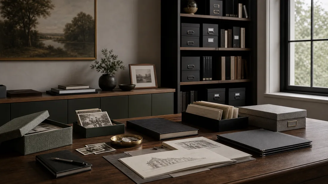Physical archive organized into labeled boxes and albums